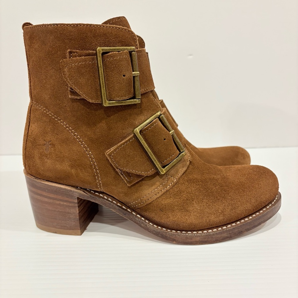 Frye Sabrina Buckle Tan Suede Ankle Booties like Freebirds